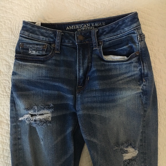 American Eagle AE Denim High Waisted Slim Jeans Destroyed Distressed 00 Short - Picture 7 of 9